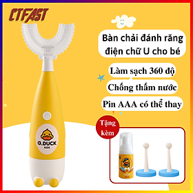 Bàn chải đánh răng điện trẻ em từ 2-12 tuổi họa tiết vịt vàng tạo hứng thú và thói quen đánh răng cho bé, Tặng kèm kem đánh răng + 2 đầu bàn chải đứng chất liệu silicon an toàn, chống nước, chống rơi vỡ - Màu Vàng