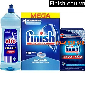 Combo 120 viên rửa bát finish + muối finish 1.2kg + Nước làm bóng alio 1