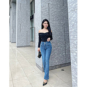 Quần jeans ống loe nữ dáng dài lưng 3 cúc siêu cao co giãn thoải mái thiết kế HQJeans HQ80