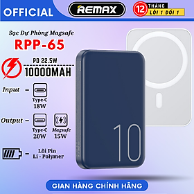 Pin Sạc Dự Phòng Không Dây Từ Tính Sạc Nhanh 10000mAh 15W Remax RPP-65 15W Chắc Chắn , Ổn Định Remax Bảo Hành 12 Tháng - Hàng Chính Hãng