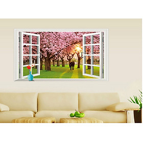 Decal dán tường cửa sổ hoa đào tình nhân