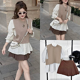 ĐẦM SET ÁO SƠ MI GILE TAY DÀI RỘNG + CHÂN VÁY NGẮN LƯNG CAO XẾP LY MIDI CHỮ A ĐI TIỆC ĐI CHƠI NOEL DẠO PHỐ GIÁNG SINH