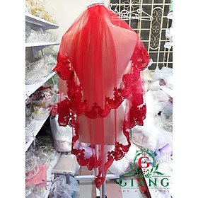 Voan cô dâu đỏ đính đường viền ren lớn phụ kiện cưới Giang