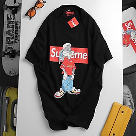 Áo thun nam nữ tay lỡ in hình thỏ superme chất liệu cotton 35/65 thoáng mát - áo phông unisex 2 màu đen,trắng