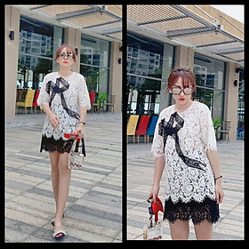 Sét ren cao cấp áo đính nơ và chân váy xòe + Ảnh thật