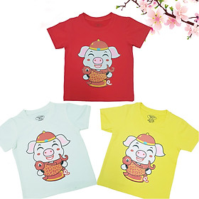 Combo 3 áo thun in hình heo thần tài cho bé B19_THTai, 100% vải cotton mềm mại 4 chiều, thấm hút mồ hôi tốt, không dị ứng da, hình in đẹp và dễ thương không bị phai màu khi giặt, áo thun bé trai bé gái cao cấp cho bé