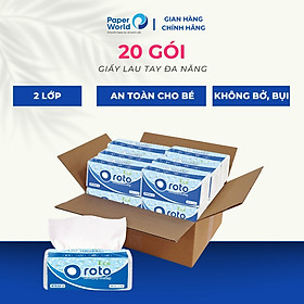 Combo 20 gói khăn giấy lau tay Roto eco20-2 hai lớp 100% bột giấy nguyên sinh, dài 20cm, họa tiết chấm bi xốp, thấm hút 2 chiều, gồm 102 tờ/gói