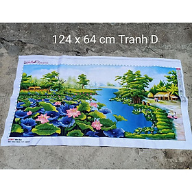 Tranh thêu chữ thập phong cảnh làng quê đầm sen thêu sẵn