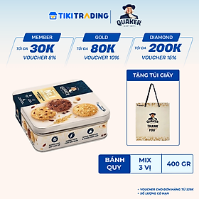 Hộp thiếc Bánh Quy Yến Mạch Quaker 400G 3 vị (Hạnh Nhân, Socola, Nho Khô)