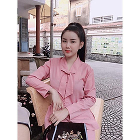 Bộ Đi Lễ Chùa - Bộ phật tử Mẫu La Hán Nơ dài tay vải Kate mịn không nhăn, Trang phục Đồ lam đi chùa giản dị kín đáo