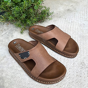 Dép nam quai ngang da bò đế cao 3cm màu nâu Trường Hải DN275N