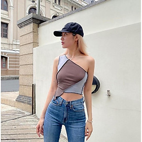 Áo croptop nữ - Áo croptop thun sọc chéo hở một bên vai