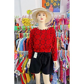 ️ Áo Nữ Hoa Ren Đỏ Cổ Đính Viền Ngọc