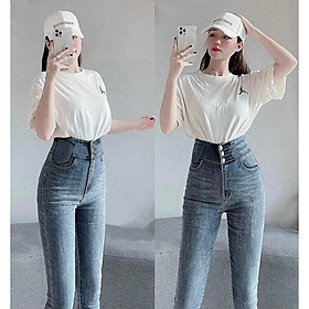 Quần Jeans dài lưng cao phối cúc màu xanh nhạt cao cấp-co giãn-lưng cao-Hàng VNXK-Mã5145