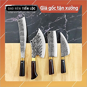 Bộ 4 Dao Thép Nhíp Dập Vân 2 Mặt Cao Cấp Dùng Cho Nhà Bếp, Chặt Cây, Chặt Xương, Thái Lọc Thịt