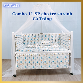 Giường Cũi - Nôi Cũi Cho Bé Từ Sơ Sinh Đến 5 Tuổi - Chất Liệu Gỗ Quế Màu Trắng – Combo đầy đủ 11 sản phẩm cho trẻ sơ sinh Kích thước 70 x 110 x 86cm ( R x D x C )