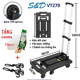 Mua  MUA 1 TẶNG 2   2IN1  Xe đẩy hàng - kéo hàng đa năng 7 bánh S&D VT270 kéo dài sàn tải max 150kg KÈM 2 dây chun móc