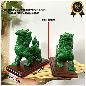 Mua Cặp 2 tượng đá Tỳ Hưu 1 sừng trang trí phong thủy kèm đế gỗ - Cao 12cm - Màu xanh ngọc