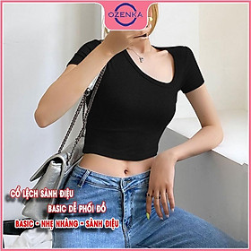 Áo croptop nữ tay ngắn ôm body cổ lệch, áo thun đẹp kiểu hàn quốc màu đen trắng dưới 50 kg