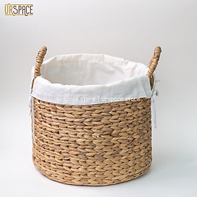 Sọt lục bình hình tròn có quai trồng cây giả, để quần áo/ Hand-woven round wicker basket with handles