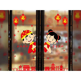 Decal trang trí tết-hai bé chúc tết