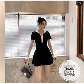 Bigsize 60-90KG vmart Đầm phối cổ trắng D501 hàng Quảng Châu cao cấp chiết eo giấu bụng