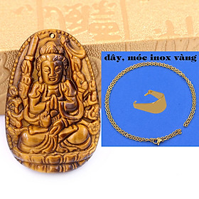 Hình ảnh Mặt Phật Thiên thủ thiên nhãn đá mắt hổ kèm dây chuyền inox + móc inox vàng, mặt dây chuyền Phật bản mệnh, vòng cổ mặt Phật, Quan âm bồ tát