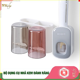 Bộ dụng cụ nhả kem đánh răng tự động 2/3/4 cốc và giá treo bàn chải đa năng HT SYS-ECOCO-Chất liệu ABS cao cấp + 01 sét móc vàng tài lộc - Hàng Nhập Khẩu