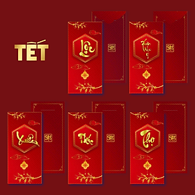 Combo 5 Cái Bao Lì Xì Thiết Kế Chữ Xuân, Lộc, Thọ, Phúc, Xuân Như Ý - Tết 2025 Giấy Cứng C150 Siêu Dày Dặn - SBOOKS