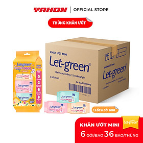 Thùng 36 lốc khăn ướt mini tiện lợi Let-Green 12 miếng/gói 6 gói/lốc nhỏ gọn vệ sinh - dễ mang theo khi đi làm, du lịch