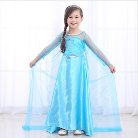 Váy Đầm Công Chúa Elsa Cho Bé Gái Màu Xanh Tay Dài Tà Dài Liền Kèm Phụ Kiện (Gậy + Vương Miện + Đuôi tóc)  | HMQ75
