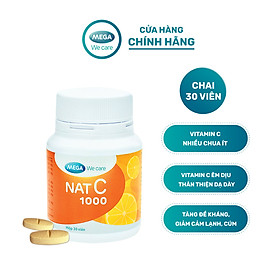 Viên uống Vitamin C sáng da, tăng cường đề kháng, giảm cảm cúm, cảm lạnh Mega We Care NAT C 1000 (30 viên)