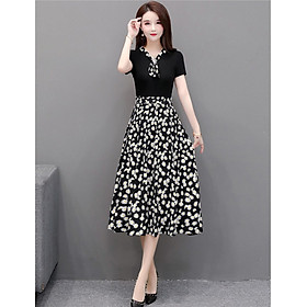 Đầm xòe hoa cúc phối áo đen thắt nơ cổ