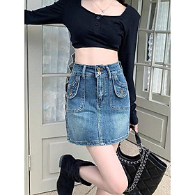CHÂN VÁY JEAN A PHỐI TÚI TRƯỚC M170