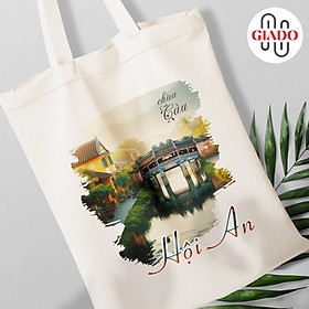 Túi canvas GIADO, túi vải bố, túi tote mẫu Hội An chùa Cầu chữ xanh đỏ