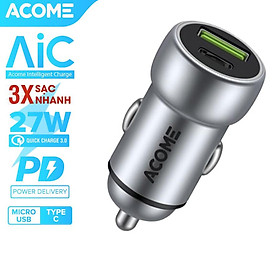Cốc Sạc Ôtô ACOME 2 Cổng Sạc USB & PD QC 3.0 27W - Hàng Chính Hãng
