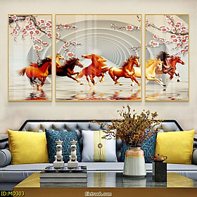 Tranh Canvas Bộ 3 Bức Phong Thủy - Tranh Đàn Ngựa Phi Dũng Mãnh Cao Cấp