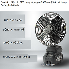 Quạt Tích điện giá rẻ sử dụng pin 21V-7500mAh( 3-4h sử dụng), Quạt đi picnic, câu cá tiện lợi trọng lượng nhẹ tiện lợi