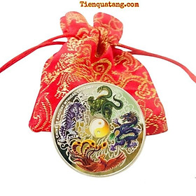 Đồng Xu May Mắn Tứ Linh Long-Lân-Quy-Phụng Quà Tết - Tặng Kèm Túi Gấm Đỏ