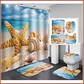 Bộ rèm thảm phòng tắm 4in1 sao biển với thảm trượt, nắp đậy bồn cầu, thảm hình chữ U, rèm tắm chống thấm nước với 12m