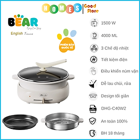 Nồi Lẩu Nướng Đa Năng BEAR DHG-C40W2, Có Kèm Khay Hấp Dung Tích 4 Lít, Công Suất 1500 W - Hàng Chính Hãng