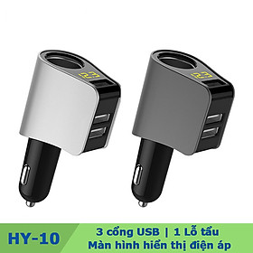Tẩu sạc 3 cổng USB có màn hình hiển thị điện áp và một lỗ tẩu HY-10