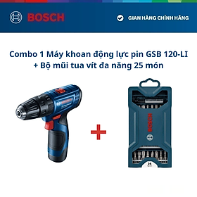 Combo Máy khoan vặn vít động lực dùng pin Bosch GSB 120-LI + Bộ mũi tua vít đa năng Bosch 25 món (xanh dương)