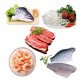 Combo 21: 1 cái đầu cá hồi + 500gr mực cắt khoanh + 500gr lõi vai bò Úc cắt lát + 500gr tôm nõn hấp size nhỏ + 500gr cá chẽm fillet