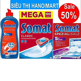 Combo Viên rửa bát somat 25 viên + muối rửa bát somat 1.5kg + Nước làm bóng bát chén somat 750ml dùng cho máy rửa bát chén ly