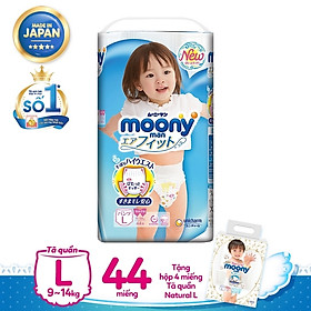 Tã quần L Girl 44 miếng tặng Hộp 4 miếng Tã quần Moony Natural L