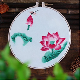 Handmade Embroidery Starter Kit, Lotus Flower Cross Stitch with Embroidery Cloth, Embroidery Hoop, Color Threads, Needles and Tools Kit for Beginner
