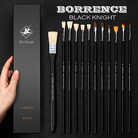 Cọ vẽ màu nước set 12 cây đủ cỡ Borrence Black Knight Suit vỏ và thân đen huyền bí kết hợp ba dòng cọ hay dùng