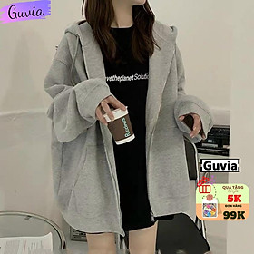 Áo Khoác Hoodie Nỉ Trơn TAY PHỒNG GUVIA 2022 Zip Nam Nữ Form Rộng BASIC Ulzzang Unisex - Xám TayPHỒNG L<62Kg