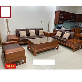 Bộ sofa góc tay vuông gỗ sồi nga , Bộ ghế sofa 2 văng chân quỳ , màu vàng nhạt hàng xuất khẩu 5 món có nệm như hình